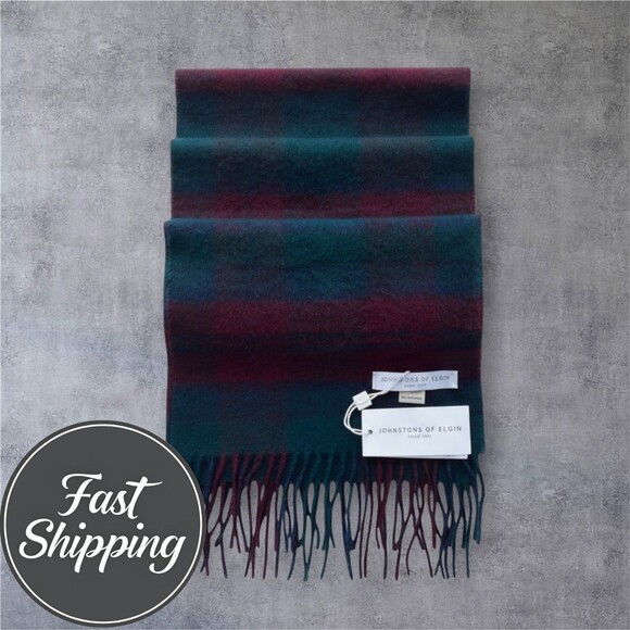 JOHNSTONS OF ELGIN Men’s Scarf Red Green Blue Tartan Cashmere Made in Scotland - Picture 1 of 6